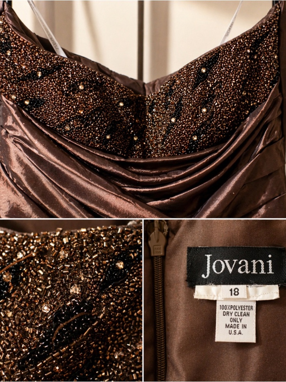 Jovani Brown Satin Formal Gown | Beaded Bodice | Prom Gala Evening Dress - Picture 3 of 3